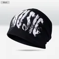Minimalist black knitted beanie hat featuring a stylish white MUSIC print design - Music Style / Black