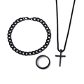 Polished black stainless steel jewelry set featuring a cross pendant, chain and ring - Three-Piece Cross Collection (6011) / Black