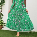 Long-sleeved maxi dress with tropical banana leaf print in emerald green and pink colorway - One Size / Umbrella Skirt / Green Tropical Print