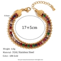 Three-strand 18K gold-plated stainless steel bracelet with colorful round gemstones - Three-layer Bead Multi-color Zircon Bracelet - Gold