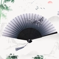 Classic folding fan featuring grey plum blossom patterns and a matching grey tassel - Smile White Plum - Black