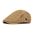 Men's straw flat cap with zigzag weaving and metal logo detail for summer sun protection - Coffee