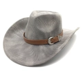 Dettaglio cappello cowboy grigio a tesa larga con fascia in pelle e fibbia intagliata - M(56-58cm) / Grigio a Righe