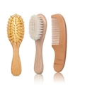 Three-piece wooden baby hairbrush and comb set with soft bristles and massage air cushion - Beech Wood Wool Brush 3-Piece Set
