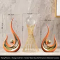 Three-piece ceramic phoenix sculptures and glass ball set in orange-gold glaze - Phoenix Flight Orange Gold Set With Waist Glass Ball Ornament