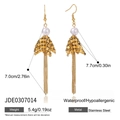 18K gold plated stainless steel tassel earrings with white pearl and 7cm long fringe - Pearl Tassel Style (JDE0307014)