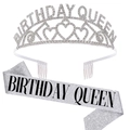 Set corona di strass argentati e fascia glitterata Birthday Queen per feste - Set Corona E Fascia / QUEEN Set Argento