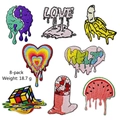 Set of 8 creative melting style embroidered patches including heart, banana and watermelon - Embroidery Patch Set (8Pcs)