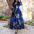 Women's A-line long sleeve maxi dress with blue purple floral print on black background - S / Dresses / Blue
