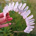 Detailed close-up of handmade pink crystal moon headband with silver wire wrapping - White Crystal + White K Moon