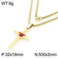 Golden stainless steel cross necklace with a red round stone and heart details - Heart Red Gemstone Wrapped Cross (KN295066-Z)