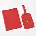 Red PU leather passport cover and luggage tag set with golden airplane embroidery - Red Airplane