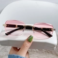 Frameless vintage sunglasses with gradient pink lenses and gold-toned metal temples - Gold Frame Gradient Pink Lens Black Temple