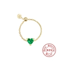 Adjustable S925 sterling silver chain ring with a green heart-shaped zirconia stone - Gold Heart - Emerald Zirconia