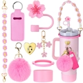 Pink silicone cup accessories set with floral straw topper and mini pouch storage - 8-Piece Set 2-Pink