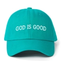 Detailed close-up of white 'GOD IS GOOD' embroidery on teal cotton twill baseball cap - One Size / Lake Green