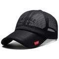 Men's summer black mesh baseball cap with breathable large holes and red side label - Navy Blue