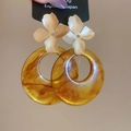 Detail of flower stud earrings with amber resin hoop held on a black card - S925 Silver Pin / Resin / Alloy / Amber Coffee Flower Hoop Dangle