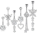 6-piece silver stainless steel belly button ring set with zircon butterfly and heart shapes - Silver Style