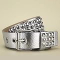 Punk Y2K silver leather belt with four rows of pyramid studs and metal buckle - Silver