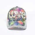 Detail of colorful floral print baseball cap with pearl and rhinestone LOVE letters decoration - Adjustable / Multicolor LOVE