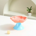 Pink flower shaped ceramic cat bowl with light blue elevated pedestal stand - Pink/Blue