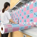 Pink and blue plaid kitchen oil-proof wall stickers with coffee milk pattern - 60cm Wide * 1m / Pink Restaurant