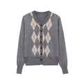 Gray V-neck knit cardigan with beige argyle pattern and black button closure - S / Grey Color-block