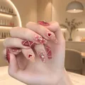 Elegant red and pink gradient press-on nails with pearl hearts and floral hand-painted art - Deep Wine Red Heart Pearl Chain Rhinestone (170)