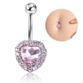 Detail of pink heart-shaped belly button ring with silver cubic zirconia surrounding - Pink