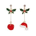 Christmas asymmetrical earrings featuring a red apple and Santa hat with sparkling crystals - Asymmetric Christmas Hat Studs