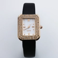 Close-up of rectangular gold watch case with crystal diamond bezel and black leather strap - Black Roman Dial