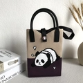 Knitted panda phone bag in beige and purple with black strap and top handle - Coffee Purple Contrast Panda