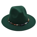 Detail of dark green felt fedora featuring bohemian colorful beaded trim and flat brim - One Size / Dark Green (Obsidian Decoration)