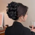 Elegant black oversized mesh bow hair claw clip with floral silk design for women - Black Bow 19cm Clip 13cm