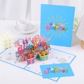 Detailed view of a 3D pop-up birthday card set featuring colorful letters and gift boxes - s647# 3D Birthday (Blue)