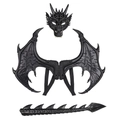 Black dragon costume set with textured mask, wings, and tail for kids Halloween cosplay - One Size / Black