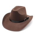 Classic dark brown wool western cowboy hat with flat brim and decorative buckled leather belt - M (56-58cm) / Brown