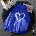 Blue fleece hoodie with artistic heart print, loose fit style and drawstring hood - S / Tops / Blue