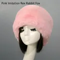 Detailed view of pink faux rex rabbit fur winter hat with thick plush texture - Pink Faux Rex Rabbit Fox