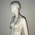 Detailed view of silver mesh headpiece with sparkling rhinestones for party wear - Silver Long