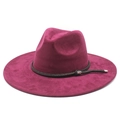 Detail of dark rose red suede fedora featuring a braided band and silver metal buckle - M (56-59cm) / Wine Red Suede