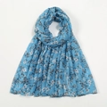 Blue floral print voile scarf with elegant white and grey flowers in soft fabric - Blue White Grey Floral