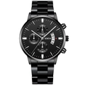 Detail of all-black business quartz watch dial with chronograph sub-dials and date window - Black Case Black Band Silver Black Dial