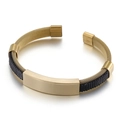 Men's hip hop stainless steel open cuff bracelet with black woven detail in golden finish - Gold Color (KB151062-KLHQ)