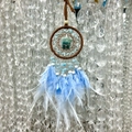 Handmade brown dream catcher with light blue feathers and green natural stone center - Amazonite Light Blue Brown Hoop
