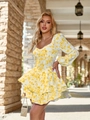 Mini vestido floral amarillo de verano con mangas abullonadas y falda de volantes - XS / Amarillo