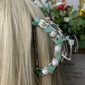 Silver hair claw clip featuring natural green stone chips and white pearls - Green Aventurine Deep Sea Pearl Silver Hair Claw