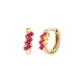 Detail of gold huggie earrings featuring three rectangular ruby red cubic zirconia stones - Rose Red Gold