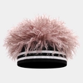 Detail of pink curly faux fur wig hat with black and white striped elastic headband - One Size / Dusty Pink